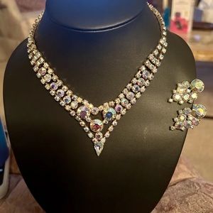 Vintage Aurora Borealis AB Rhinestone Choker GOLD TONE Necklace SET Wedding Prom